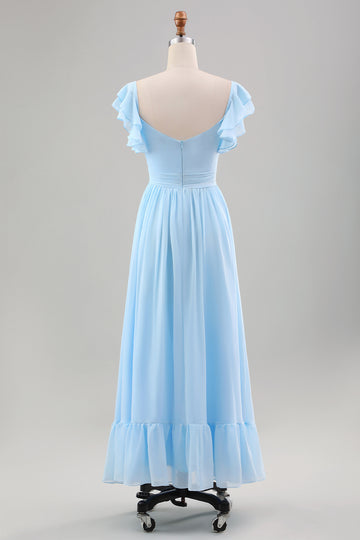 Sky Blue A Line Chiffon Bryllup Guest kjole med Ruffle ermer